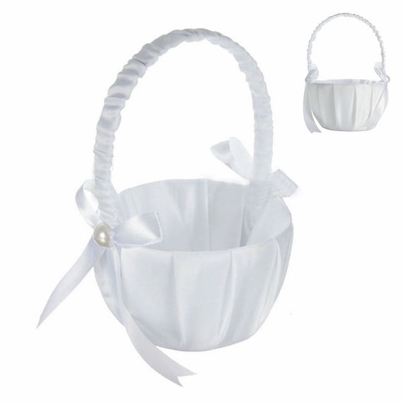 Flower Girl Basket for Weddings Elegant White Satin Bowknot Pearl Bridal Basket for Parties Celebrations and Special Events