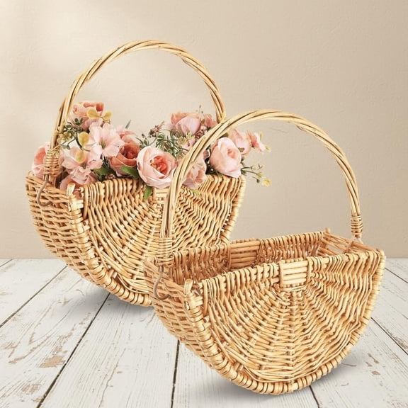 Flower Girl Baskets Half Moon Wicker Rattan Basket with Handle Willow Wedding Baskets for Wedding Picnic Home Decorations Garden Storage (Light Color)