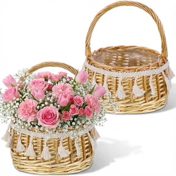 Flower Girl Baskets Set of 2, Wicker Basket with Handle, White Ribbon, Plastic Liner, Decorative Woven Willow Rattan Baskets for Wedding, Gifts, Home Decor