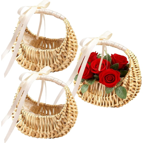 Flower Girl Baskets Set of 3, Wicker Rattan Wedding Basket with Handle Silk Ribbon, Small Half Moon Wicker Flower Basket for Wedding Party Picnic Home Decor