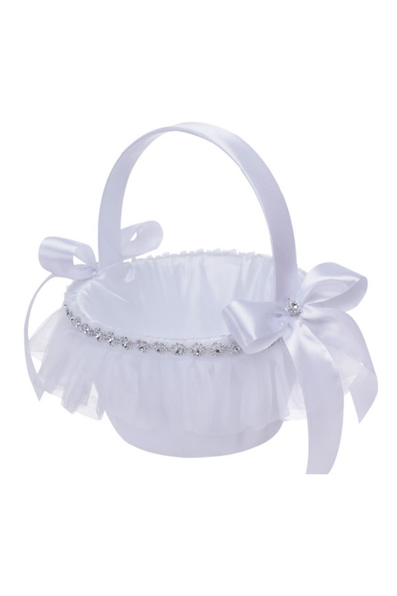 Flower Girl Baskets for Wedding, Cute Lace Bow Baskets for Flower Girls - White
