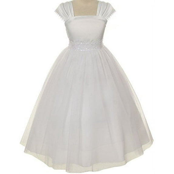 Flower Girl Cap Sleeved Beaded White Dress First Holy Communion Size 2-16 (10, White)