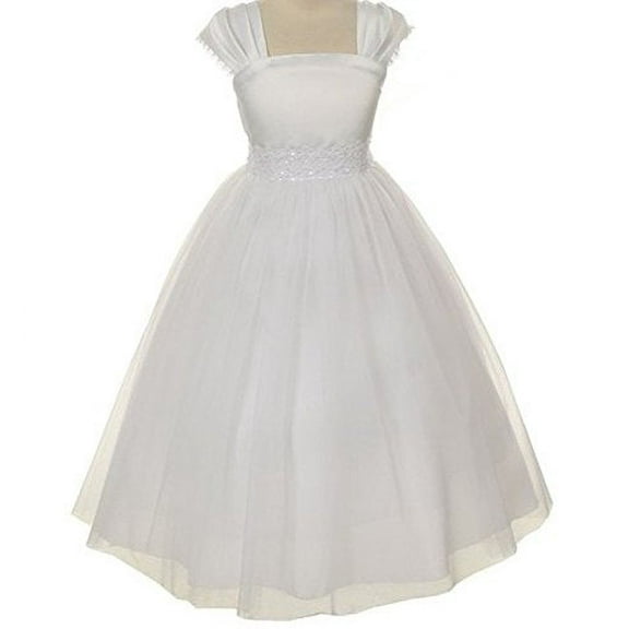 Flower Girl Cap Sleeved Beaded White Dress First Holy Communion Size 2-16 (14, White)