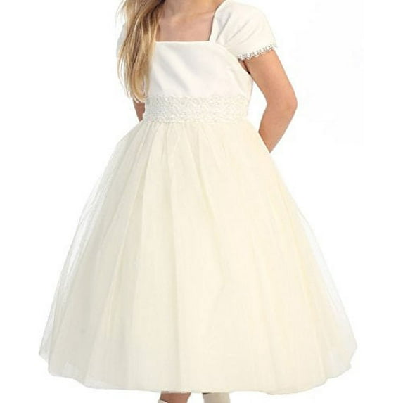 Flower Girl Cap Sleeved Beaded White Dress First Holy Communion Size 2-16 (2, Ivory)