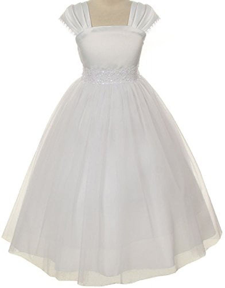 Flower Girl Cap Sleeved Beaded White Dress First Holy Communion Size 216 (4, White)