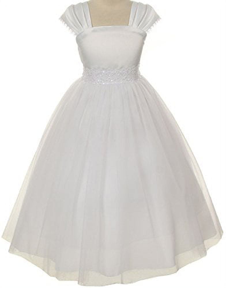 Girls' White First Holy Communion Dress - Cap Sleeved Tea Length With Floral Tulle - View #4
