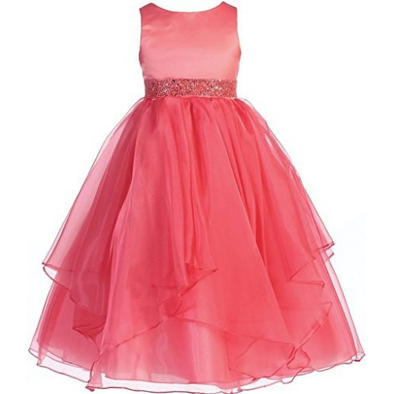 Flower Girl Dress Asymmetric Ruffles Satin & Organza Dress Coral 10 CB302