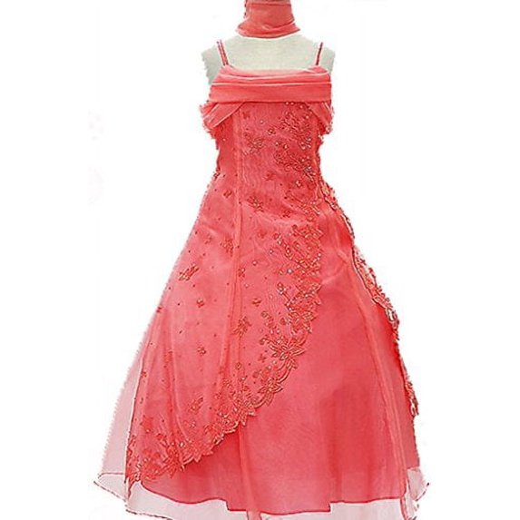 Flower Girl Dress Beaded Organze Overlay Double Spaghetti Straps Coral 12 HC1215