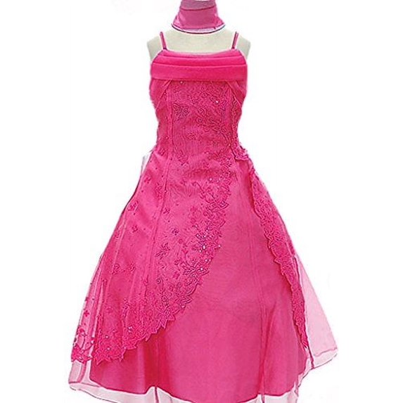 Flower Girl Dress Beaded Organze Overlay Double Spaghetti Straps Fuchsia 8 HC1215