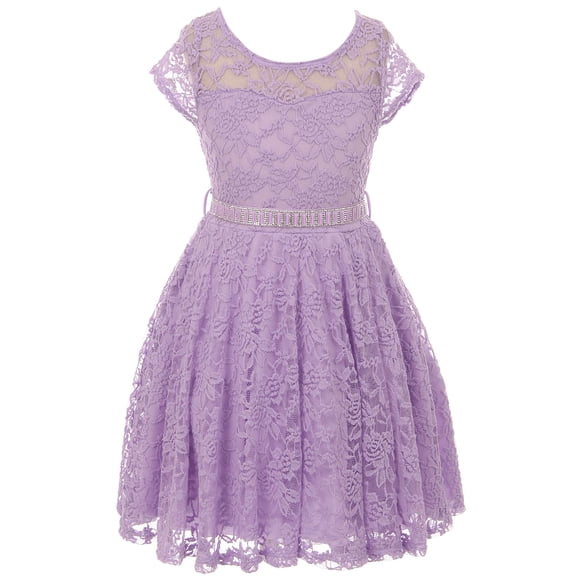 Flower Girl Dress Cap Sleeve Jewel Belt Floral Lace All Over for Big Girl Lilac 14 JKS.1988 BNY Corner