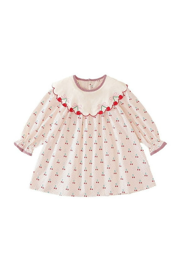Flower Girl Dress Cherry Print Spring Summer Long Sleeve A Line Crew Neck Cute Red Dress Size 5-6 Y