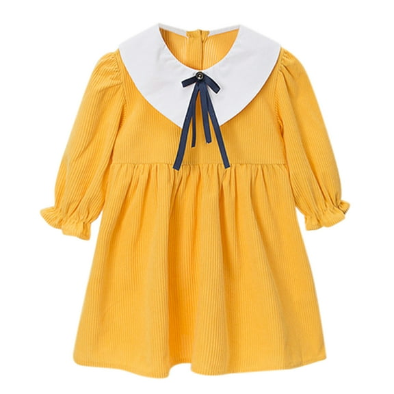Flower Girl Dress - Children Girls Long Ruffled Sleeve Bowknot Corduroy Princess Dress - Complete Outfit Set Clothing - Toddler Girl Dress,Color:Yellow,Size:18-24 Months