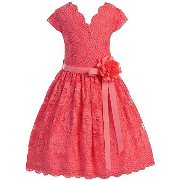 Flower Girl Dress Curly V-Neck Rose Embroidery AllOver for Little Girl Coral 4 JKS.2066