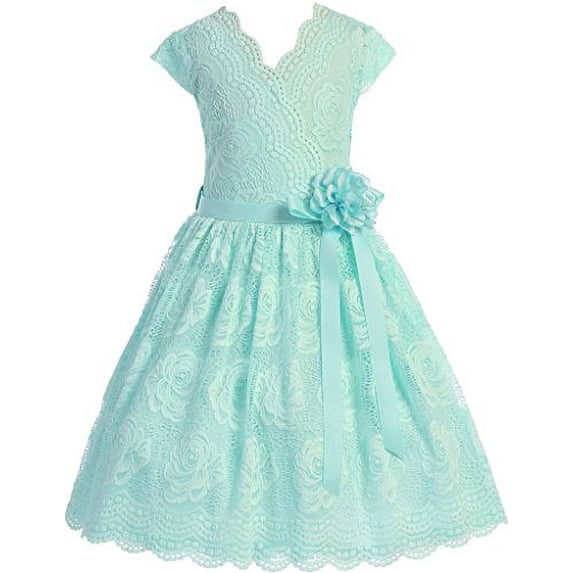 Flower Girl Dress Curly V-Neck Rose Embroidery AllOver for Little Girl Mint 6 JKS.2066