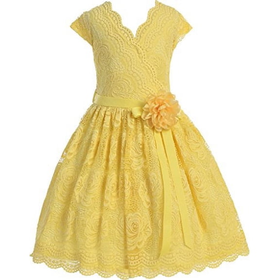 Flower Girl Dress Curly V-Neck Rose Embroidery AllOver for Little Girl Yellow 8 JKS.2066