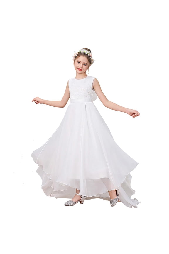 Flower Girl Dress Elegant Back V Neck Bow Kids Casual Party Comfortable Breathable Spring Summer Fall White Dress Size 9-10 Y