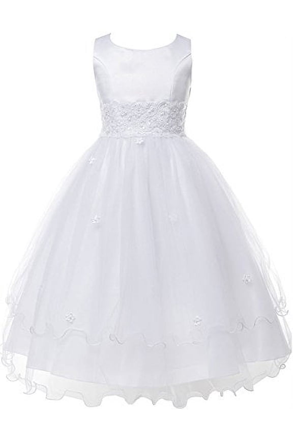 Flower Girl Dress First Communion Sleeveless Embroidery Tulle Dress Big Girl White 12 KD.198
