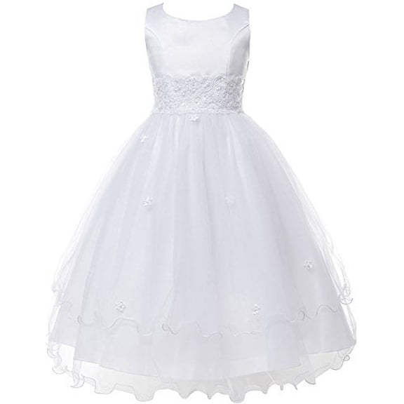 Flower Girl Dress First Communion Sleeveless Embroidery Tulle Dress Big Girl White 8 KD.198