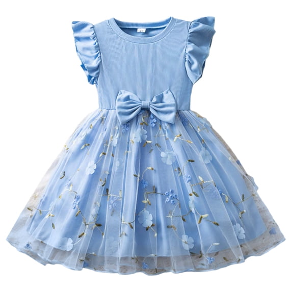 Flower Girl Dress Floral Embroidered with Bow Detail Flutter Sleeves Party Wear Blue Dress Size 2-3 Y