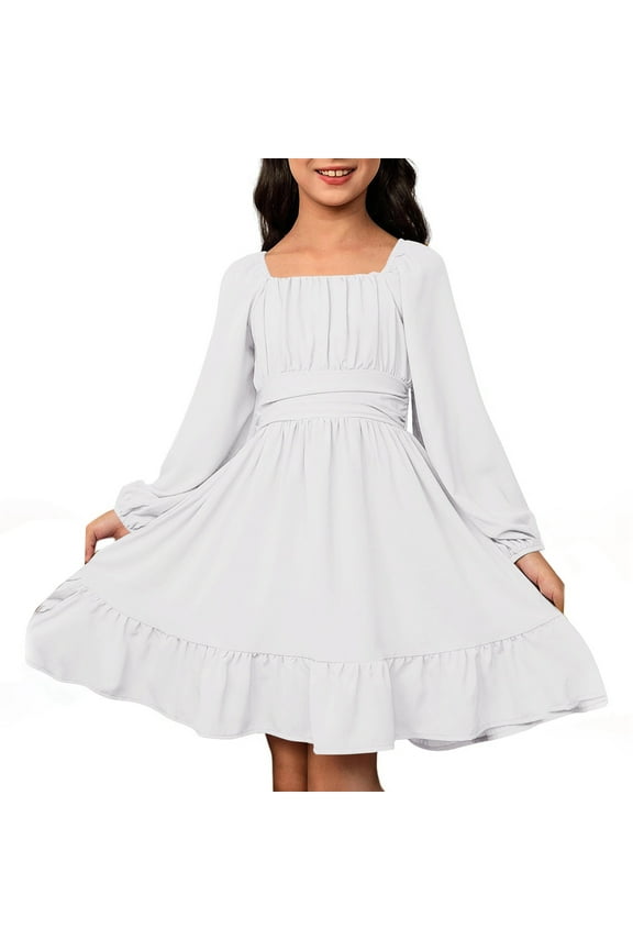 Flower Girl Dress - Girls Casual Long Sleeve Backless Dress with Waist Tie - Outdoor Wear for Summer Spring Fall, Versatile Season Outfit - Toddler Girl Dress,Color:White,Size:10-11 Years