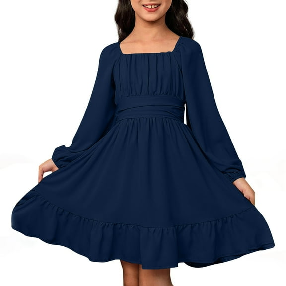 Flower Girl Dress - Girls Casual Long Sleeve Backless Dress with Waist Tie - Outdoor Wear for Summer Spring Fall, Versatile Season Outfit - Toddler Girl Dress,Color:Navy,Size:14-15 Years