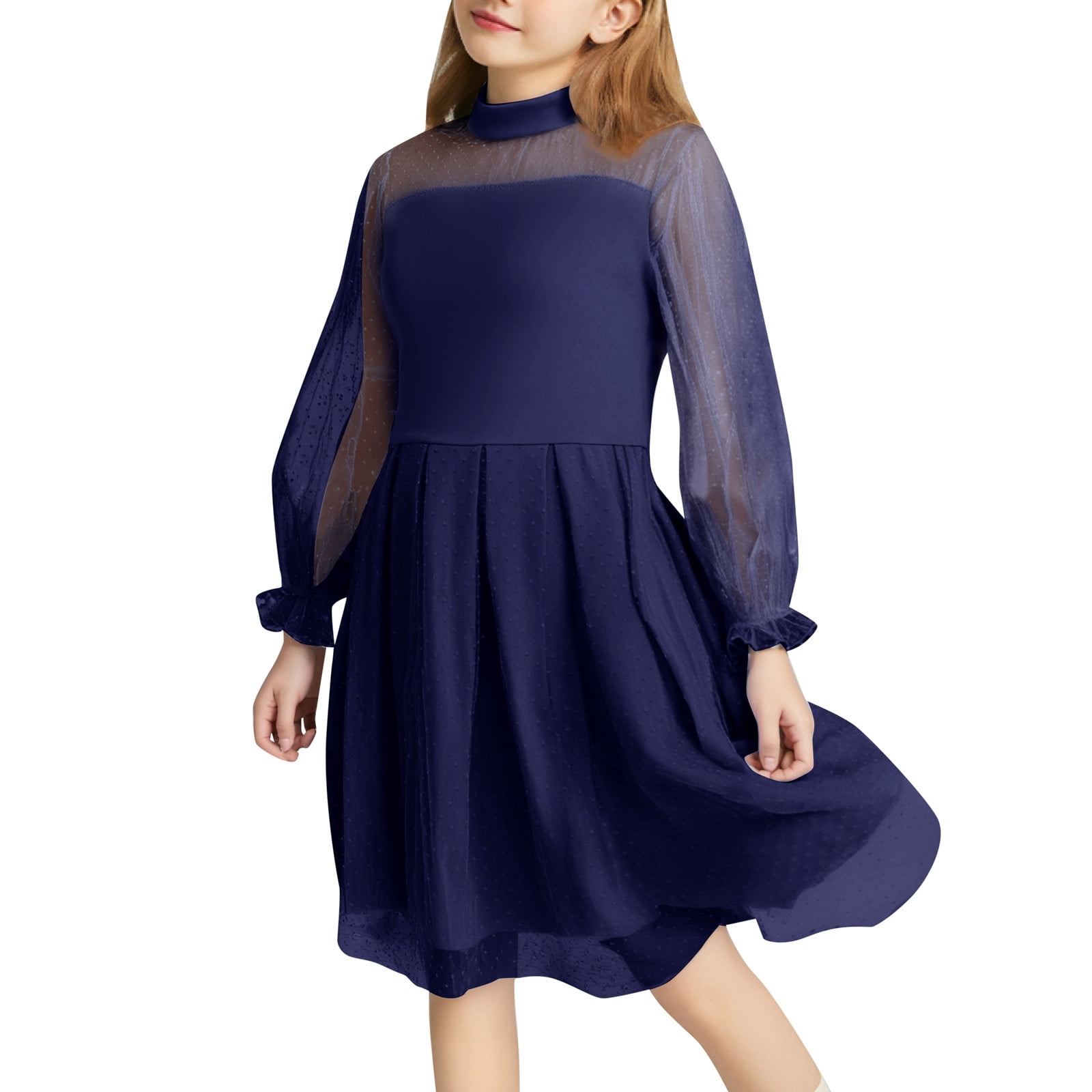Flower Girl Dress - Girls Color Contrast Mesh Long Sleeve Dress -  Fashionable Party Wear, Trendy Princess Style Outfit - Toddler Girl Dress,Color:Navy,Size:10-12  Years - Walmart.com