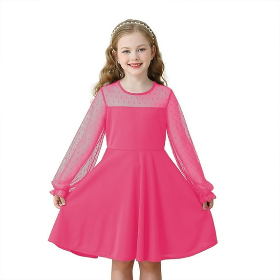Flower Girl Dress,Girls Lace Long Sleeve Solid Color Cute Dress,Elegant Party Attire Wear for Children,Toddler Girl Dress,Hot Pink,8-9 Years