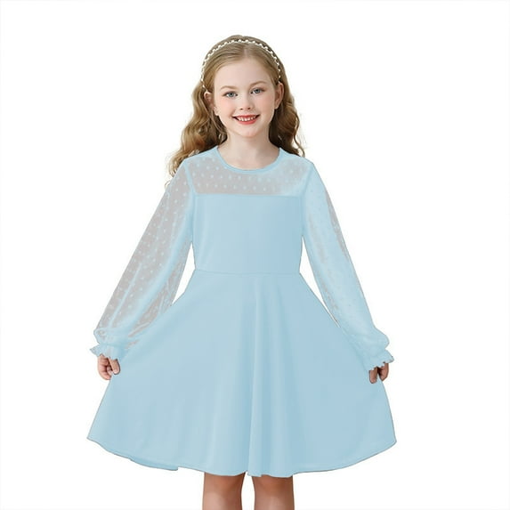 Flower Girl Dress,Girls Lace Long Sleeve Solid Color Cute Dress,Elegant Party Attire Wear for Children,Toddler Girl Dress,Light Blue,6-7 Years