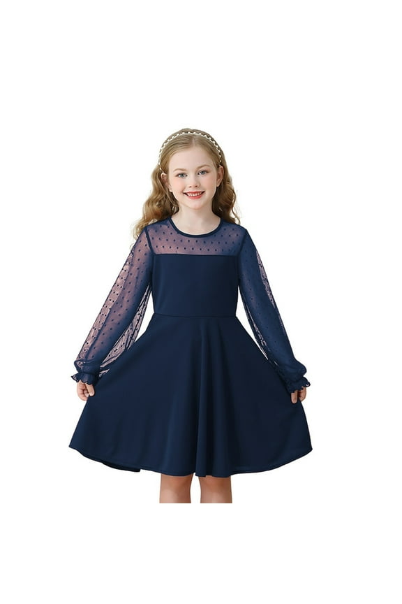 Flower Girl Dress,Girls Lace Long Sleeve Solid Color Cute Dress,Elegant Party Attire Wear for Children,Toddler Girl Dress,Navy,14-15 Years