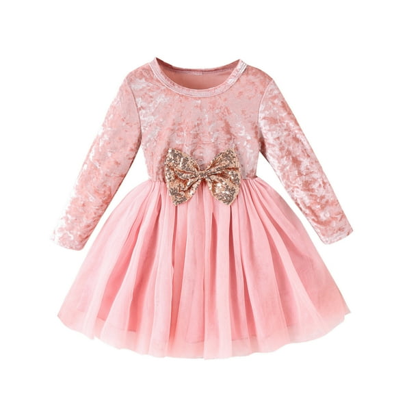 Flower Girl Dress - Girls Long Sleeve Bowknot Patchwork Mesh Princess Party Dress - Elegant Children's Formal Gown, Birthday Celebration Outfit - Toddler Girl Dress,Color:Pink,Size:3-4 Years