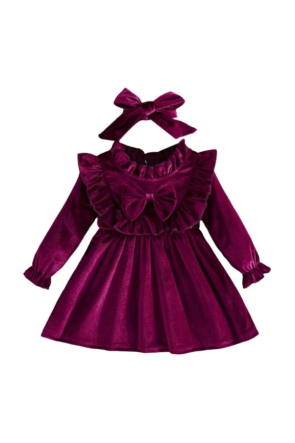 Flower Girl Dress,Girls Velvet Long Sleeve Dress Party Outfit with Bow Headband,Formal Holiday Elegant Christmas Birthday Attire for Toddler,Toddler Girl Dress,,2-3 Years
