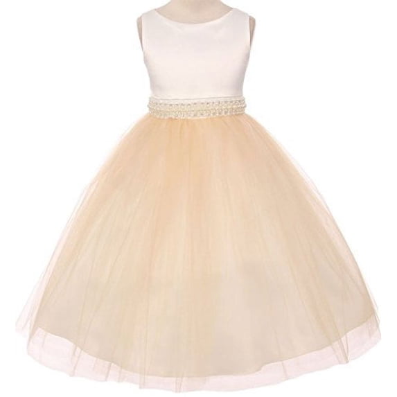 Flower Girl Dress Ivory Satin Bodice Illusion Material Belt for Big Girl Champagne 10 MBK.343