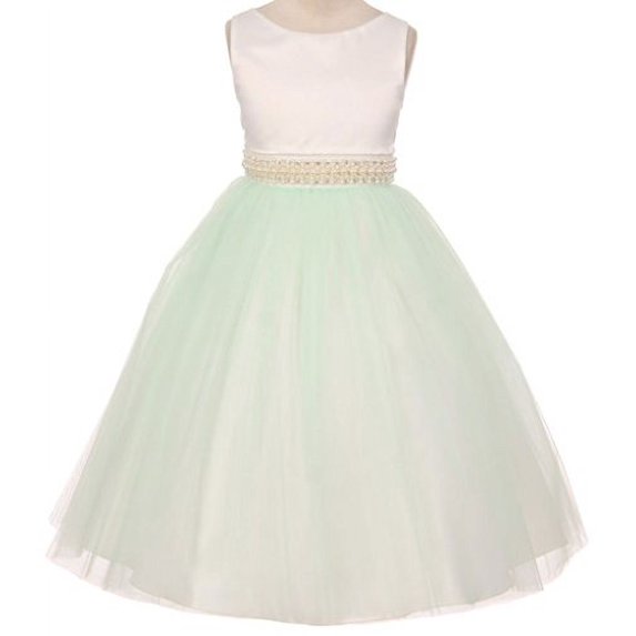 Flower Girl Dress Ivory Satin Bodice Illusion Material Belt for Little Girl Mint 4 MBK.343