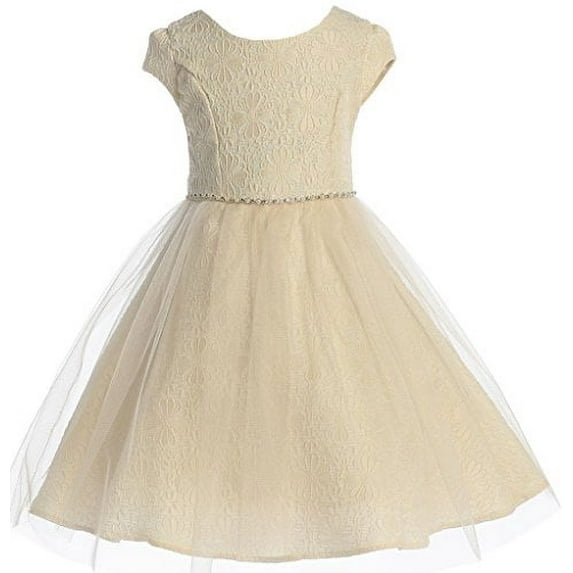 Flower Girl Dress Jacquard Fabric Dress with Hand Sew Belt for Little Girl Champagne 10 JKS.2064