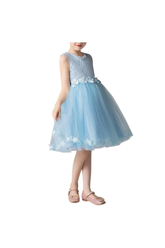 Flower Girl Dress Kids Baby Bowknot Tutu Princess Wedding Bridesmaid Birthday Party Pageant Dress 3-14T Light Blue 9-10 Years