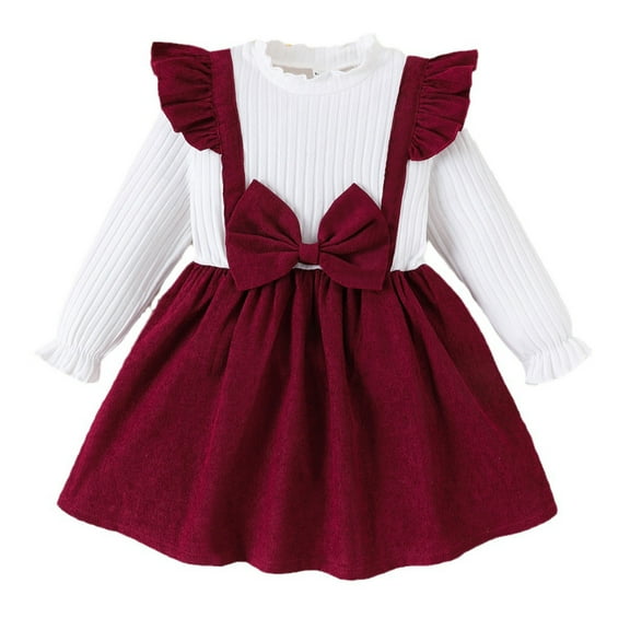 Flower Girl Dress,Kids Toddler Baby Girl Cotton Ruffle Long Sleeve Princess Party Dresses,Fall Winter Skirt Outfit, Seasonal Celebration Wear,Toddler Girl Dress,Red,5-6 Years