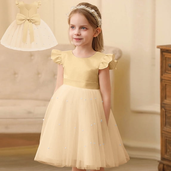 Flower Girl Dress Kids Yellow Tulle Wedding Guest Party Birthday Bridesmaid Communion Pageant Prom Ball Gown Kids Ceremony Party Gift 7-8 Years