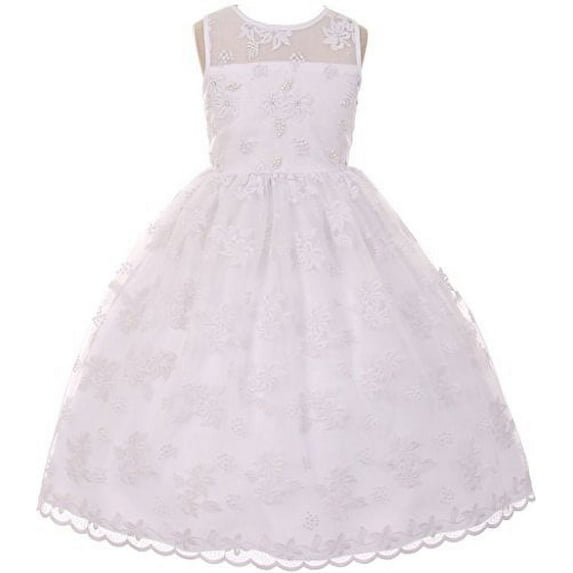 Flower Girl Dress Lace Throughout Pearls Deco Bodice for Big Girl White 12 TR.1037