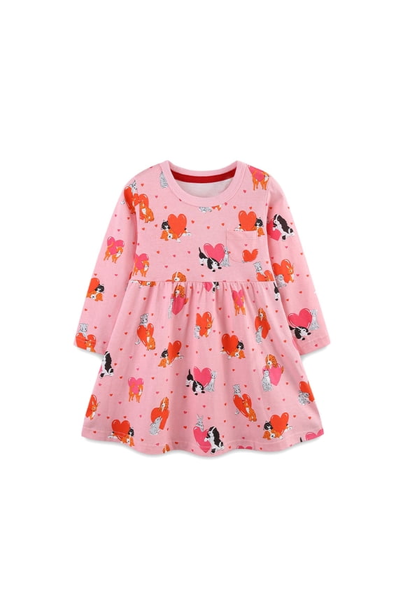 Flower Girl Dress Long Sleeve Kids Cute Printed Knit European Children Midi Summer Casual Pink Dress Size 6-7 Y