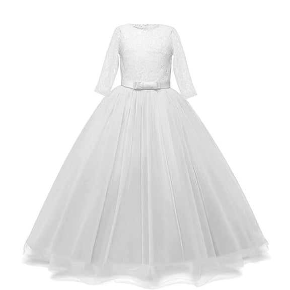Flower Girl Dress Long Sleeves Lace Top Tulle Skirt Girls Lace Party Dresses Winter Fall Wedding Bridesmaid Gown 3/4 Sleeve Princess Dresses