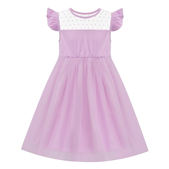 NIPAXO Girls Party Dress Mesh Yoke Flutter Sleeve Tulle Casual Dress Princess for Kids (Pink)