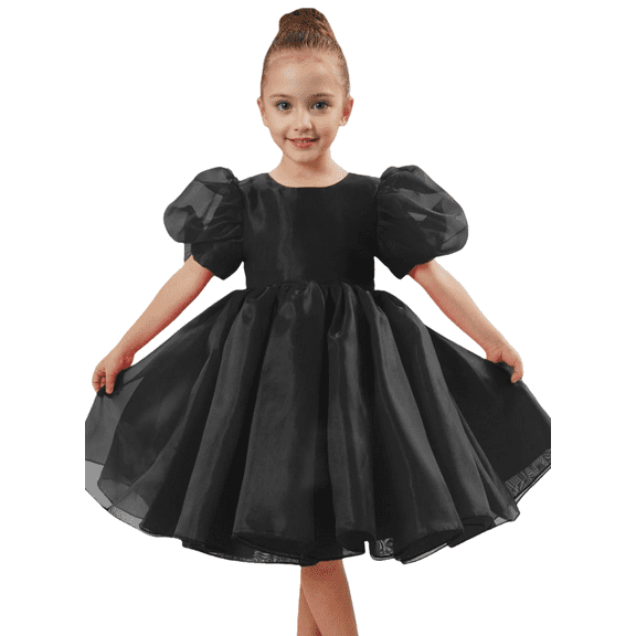 Flower Girl Dress Organza Toddler Dresses Puff Sleeve & Bow Bcak Girls Princess Dress for Wedding Birthday -Black-14Y