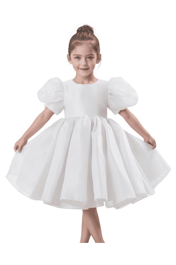 Flower Girl Dress Organza Toddler Dresses Puff Sleeve & Bow Bcak Girls Princess Dress for Wedding Birthday -Ivory-12Y