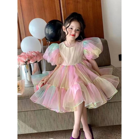 Flower Girl Dress Organza Toddler Dresses Puff Sleeve & Bow Bcak Girls Princess Dress for Wedding Birthday Party