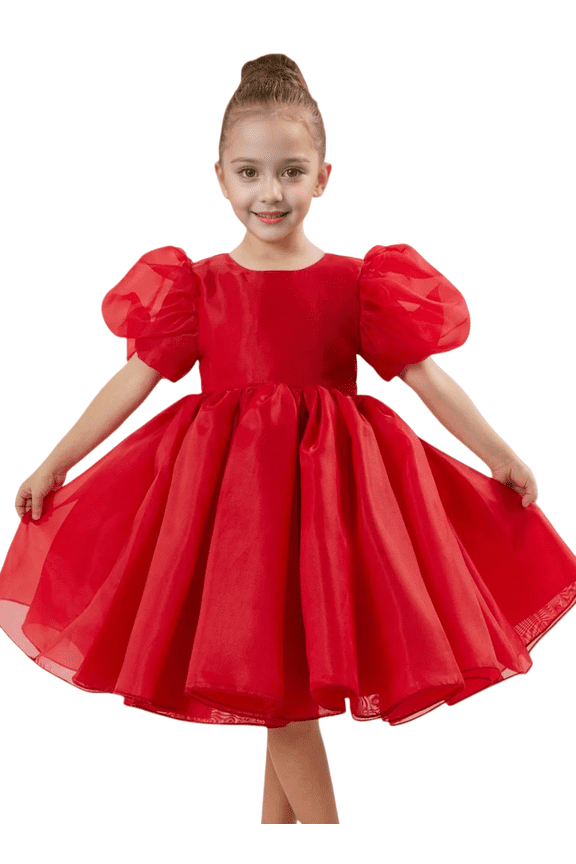 Flower Girl Dress Organza Toddler Dresses Puff Sleeve & Bow Bcak Girls Princess Dress for Wedding Birthday -Red-12Y