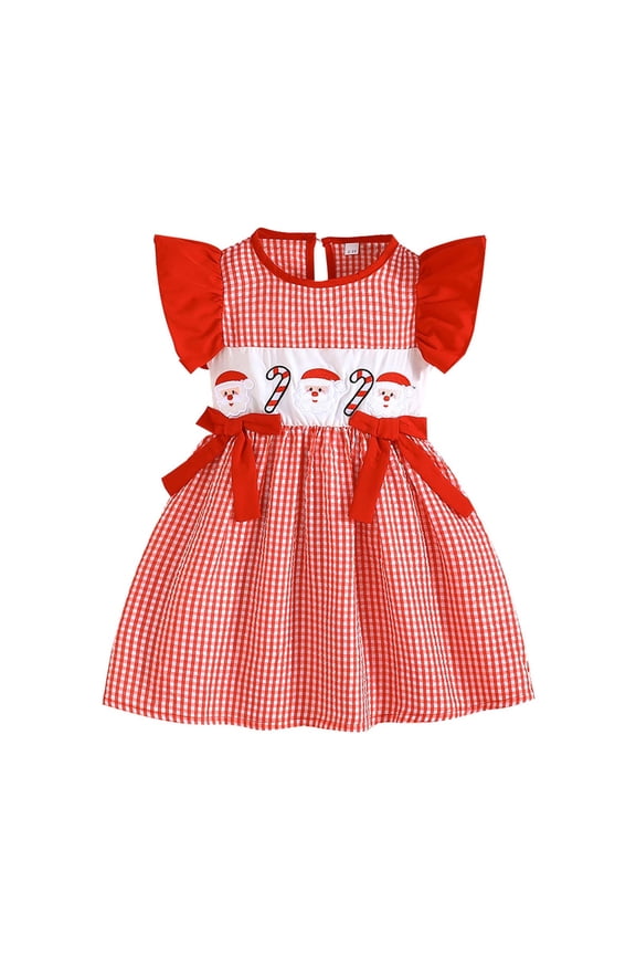 Flower Girl Dress Party Little with Lace Trim Cute Cartoon Print Plaid Pattern Holiday Festive Outfit Red Dress Size 1-2 Y