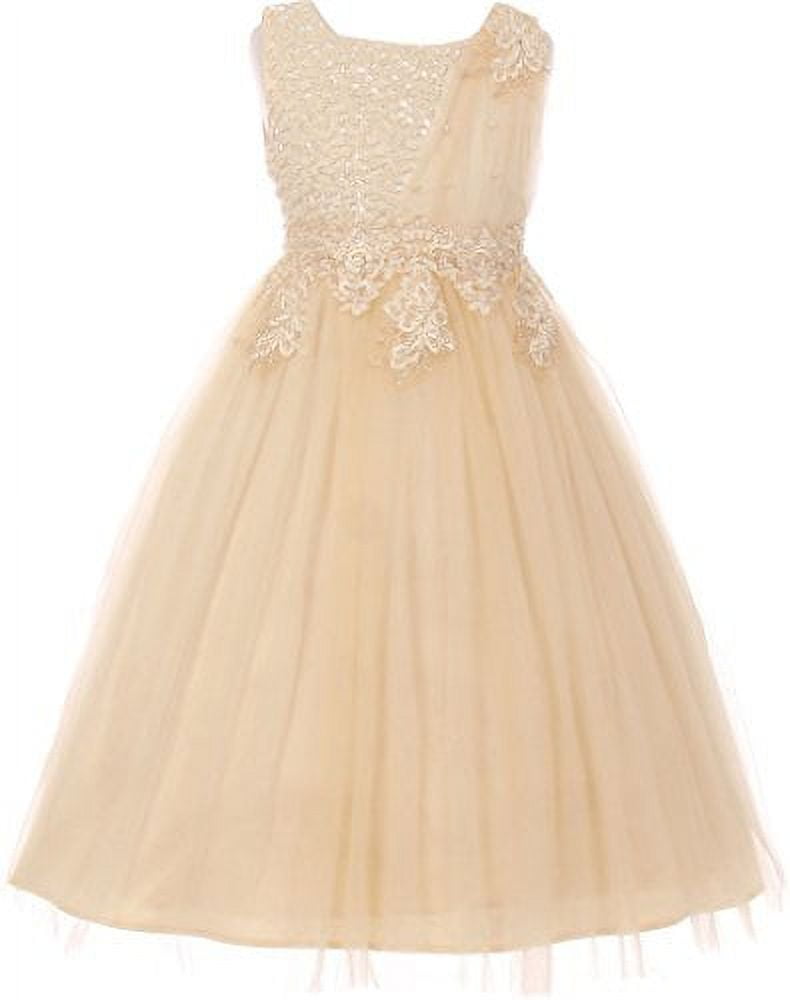 Flower Girl Dress Pearls Coilded Bodice Tulle Satin Skirt for Little Girl Cream 6 CC.5009