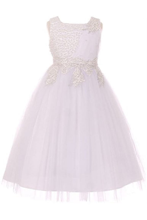 Flower Girl Dress Pearls Coilded Bodice Tulle Satin Skirt for Little Girl White 12 CC.5009