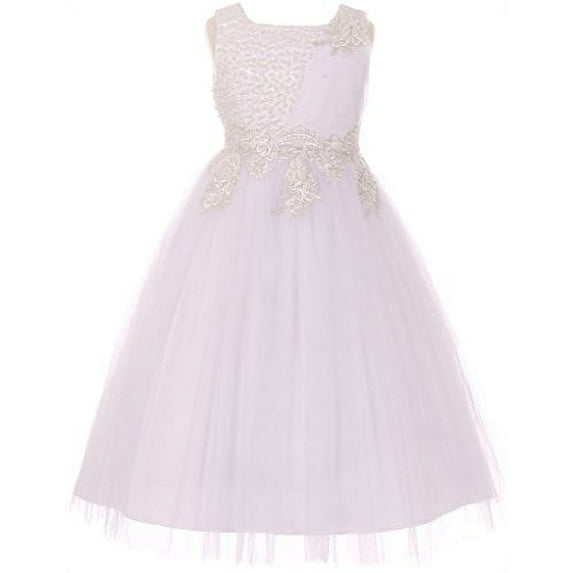 Flower Girl Dress Pearls Coilded Bodice Tulle Satin Skirt for Little Girl White 6 CC.5009
