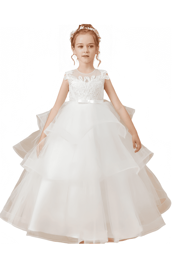 Flower Girl Dress Princess Ruffles Pageant Dresses Tulle Lace Tiered Kids Party Prom Ball Gown (Ivory 6 -7 Years)
